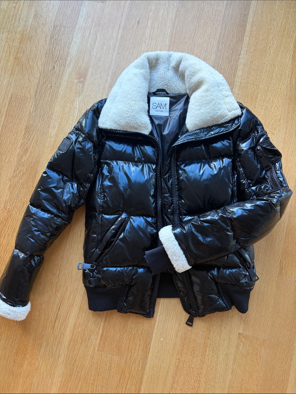 SAM. Black Gloss Bomber Jacket with Cream Sherpa Collar